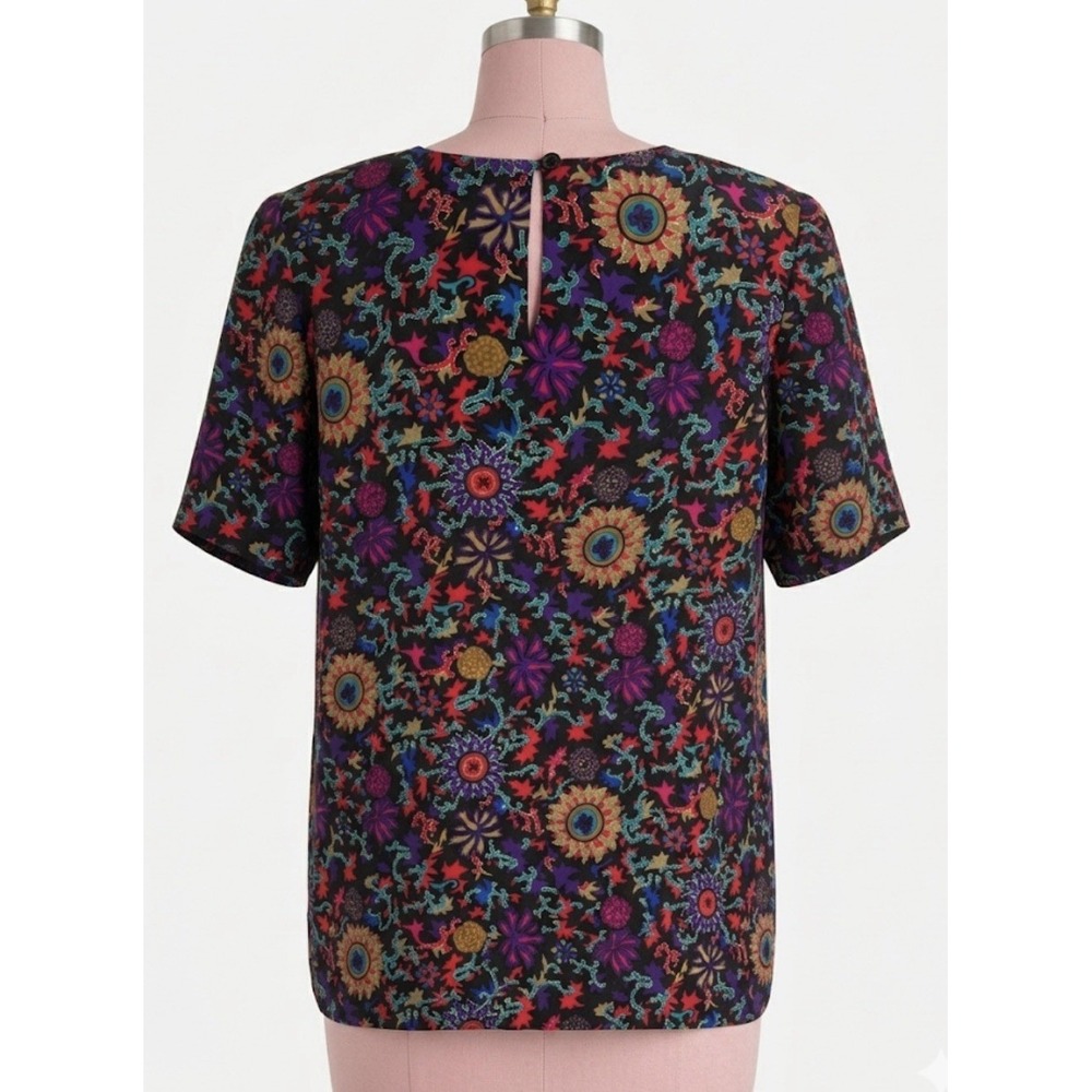Vintage Silk Blouse Shirt Size Med Keyhole Back Maximalist Art Nouveau Sunflower